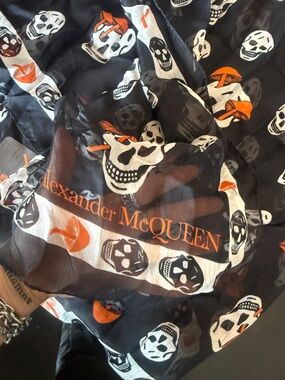 Alexander McQueen Black Scarf with White and Orange Skull Motif